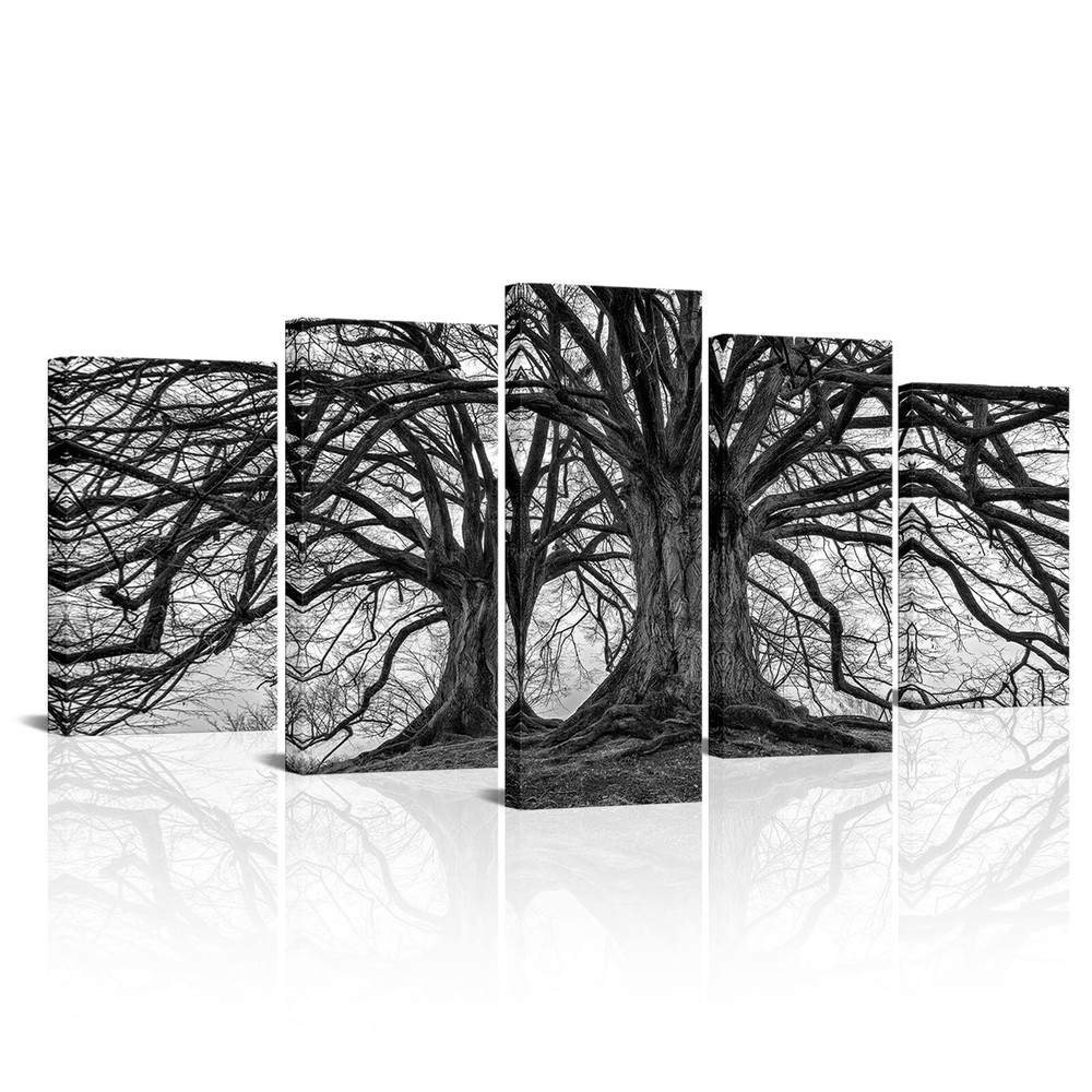 Visual Art Decor 5 Pieces Black and White Winter Oak Tree Canvas Wall Art Gic...-image