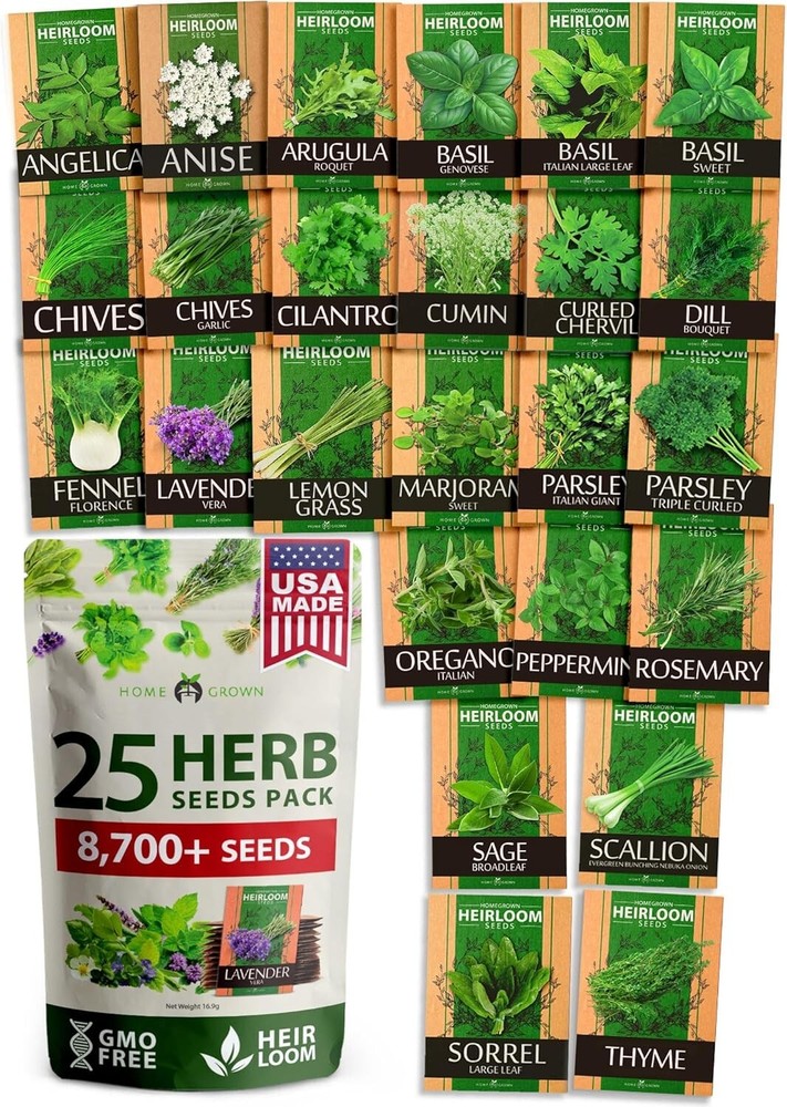 25 Heirloom Herb Seeds Pack - 8700+ Culinary Seeds for Indoor & Outdoor Gardening