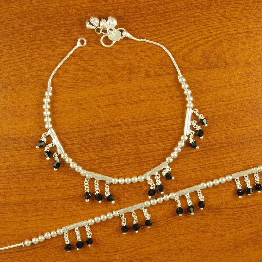 Bollywood Silver Plated Anklet with Black Beads - Trendy Girlish Ankle Bracelet