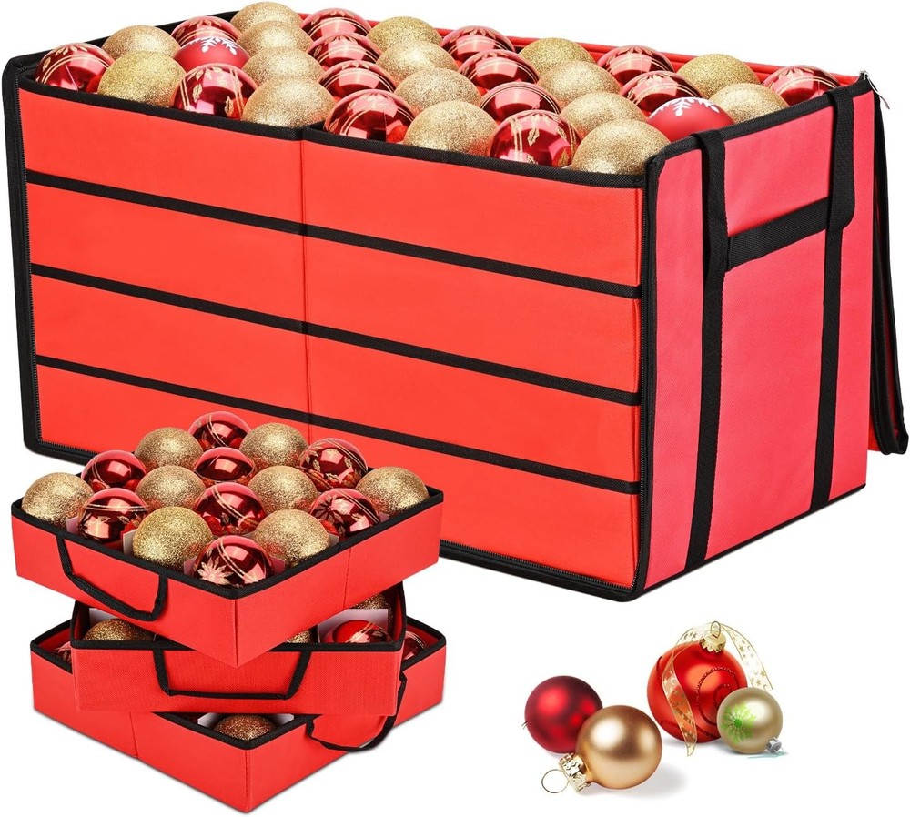 Christmas Ornament Storage Box with 8 Removable Trays in Red