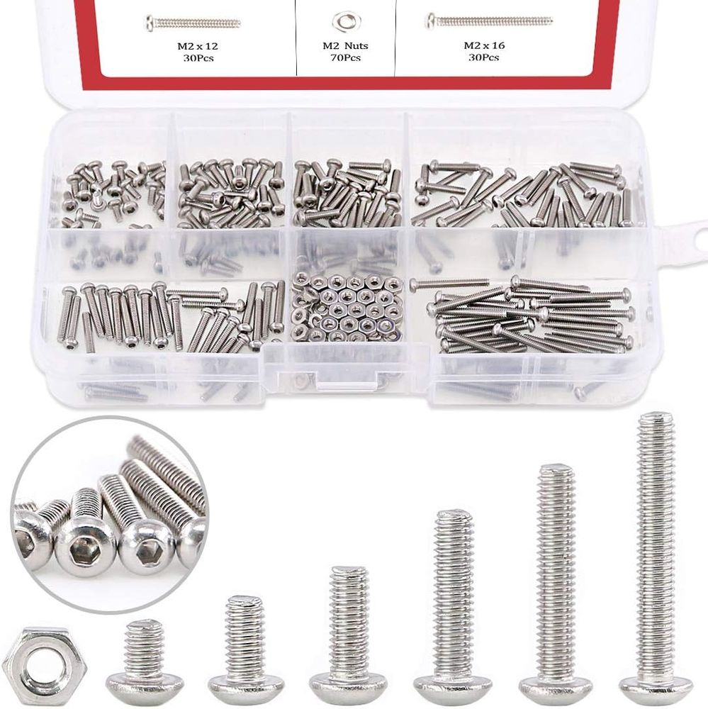 250-Piece [M2] Stainless Steel Hex Socket Button Head Cap Bolts Screws Nuts Asso