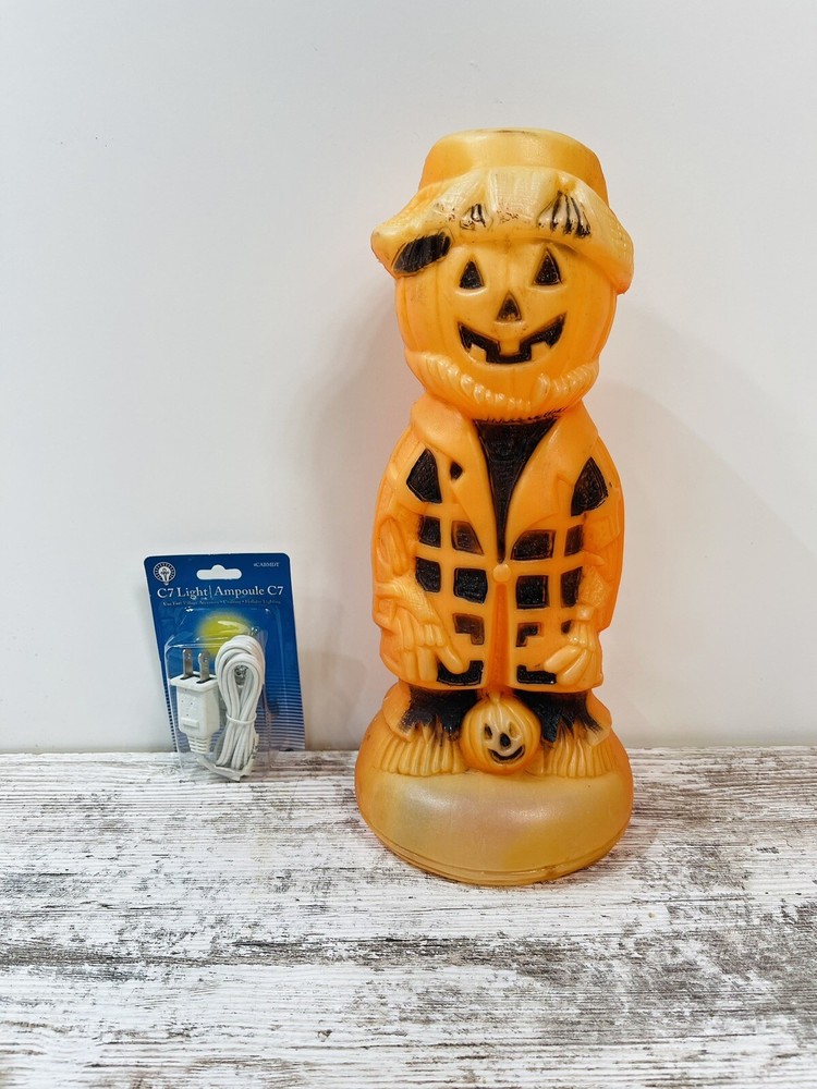 Vintage Halloween Scarecrow Jack O Lantern Pumpkin Blow Mold With New Light