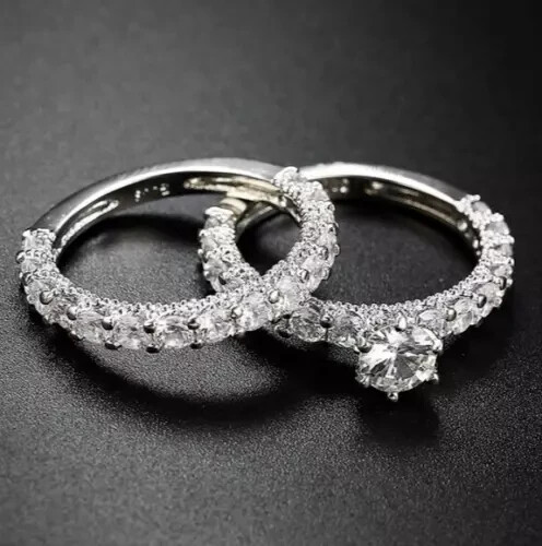 2Ct Round Cut Simulated Diamond Engagement Bridal Ring Set 14K White Gold Plated