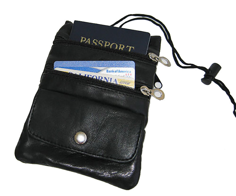 Leather Neck ID Passport Holder Pouch Sling Black Strap Sling Bag US SELLER