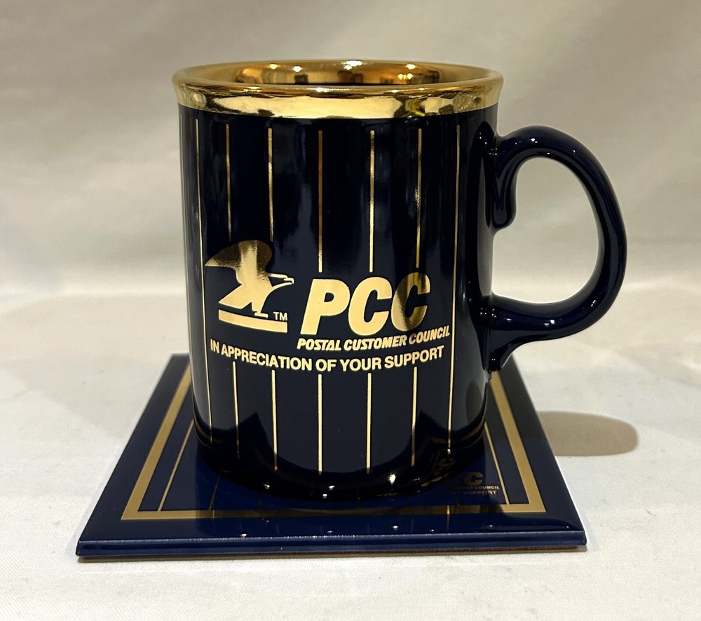 Postal Customer Council Ceramic Mug & Coaster Cobalt Blue and Gold England NEW-image