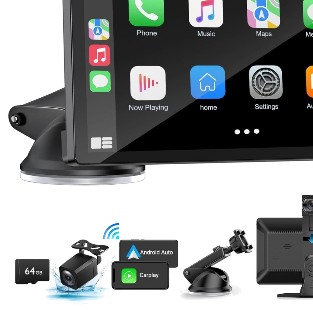 9-inch Portable Carplay & Android Auto Display with 4K Front Camera and Voice Control  