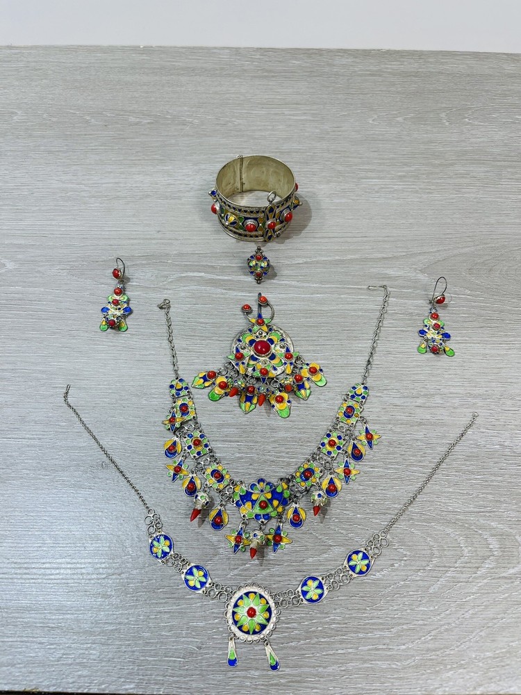 Algerian Berber Kabyle Sterling Silver Enamel Necklaces Ring Bracelet Brooch Set
