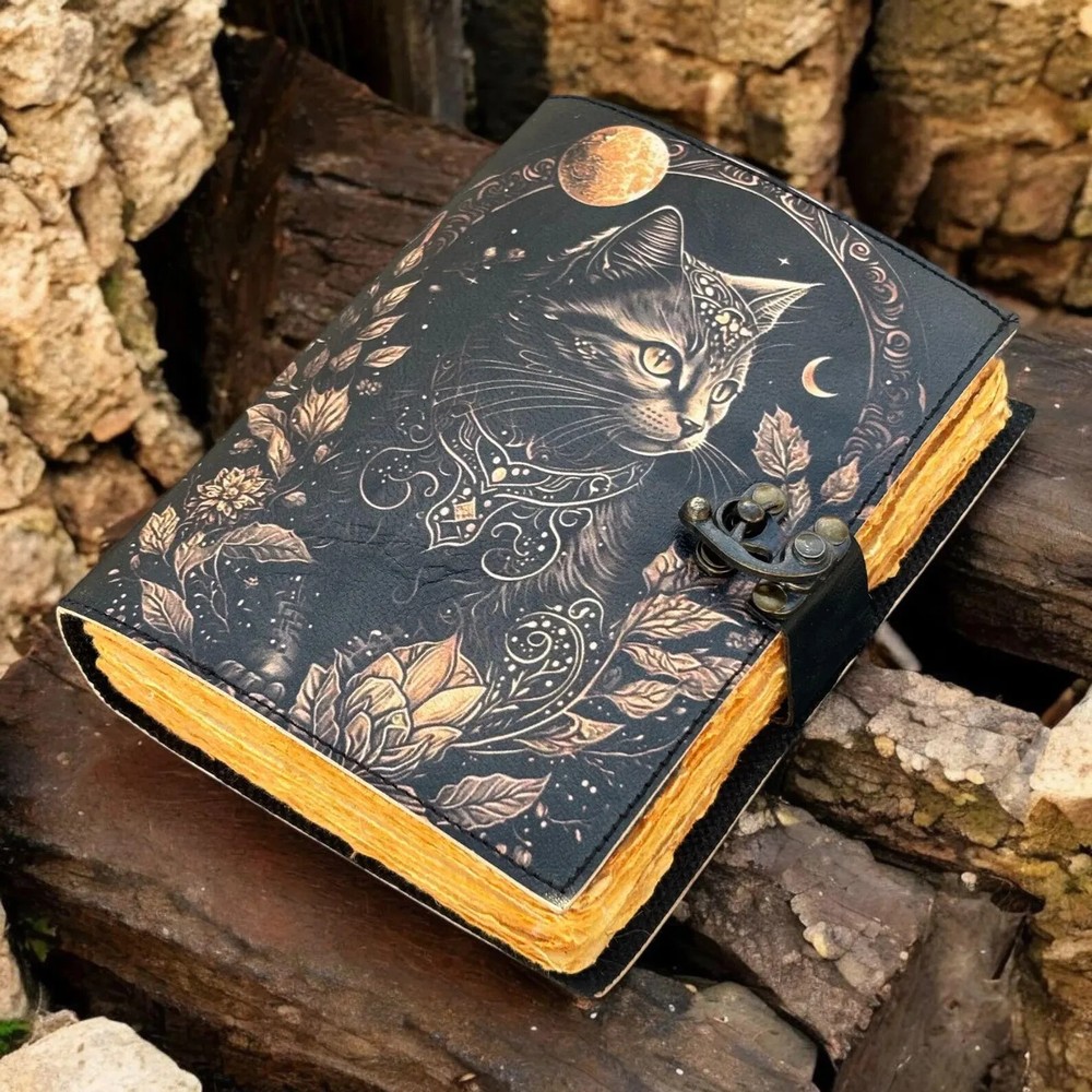 Gothic Grimoire Leather Journal with Vintage Cat Print - Handmade Notebook
