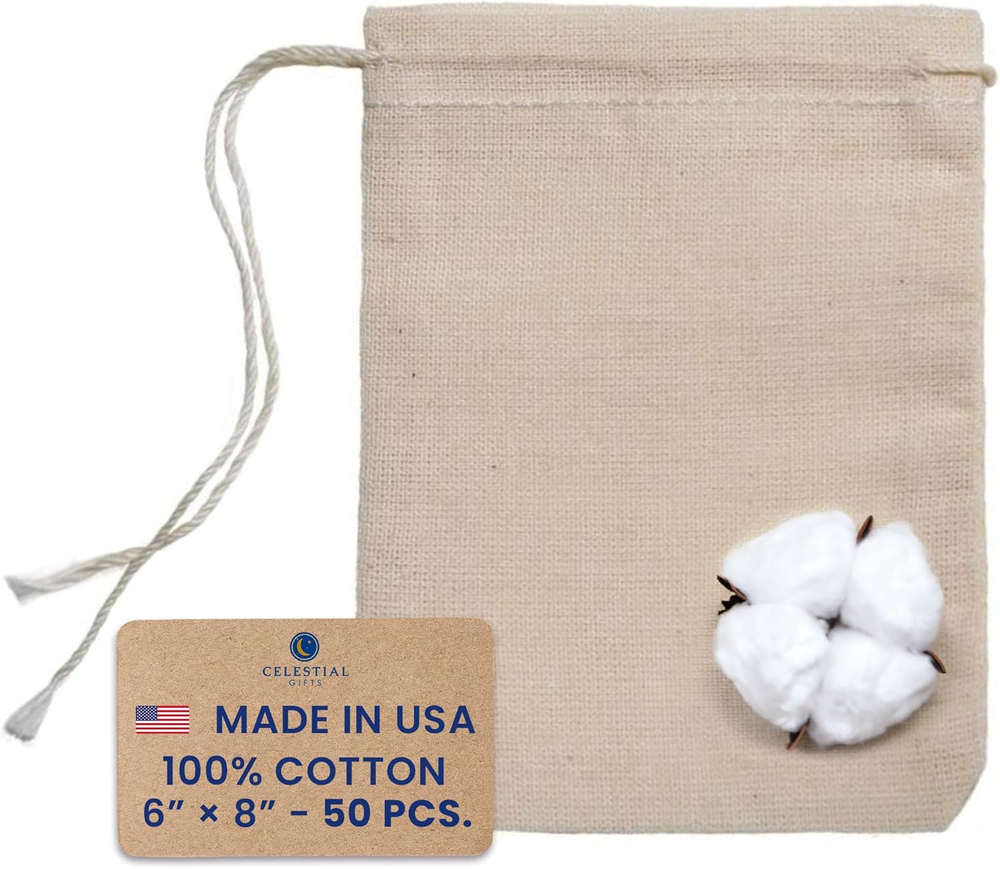 50Pcs 6x8 Large Muslin Drawstring Bags Bulk for Gifts & Favors