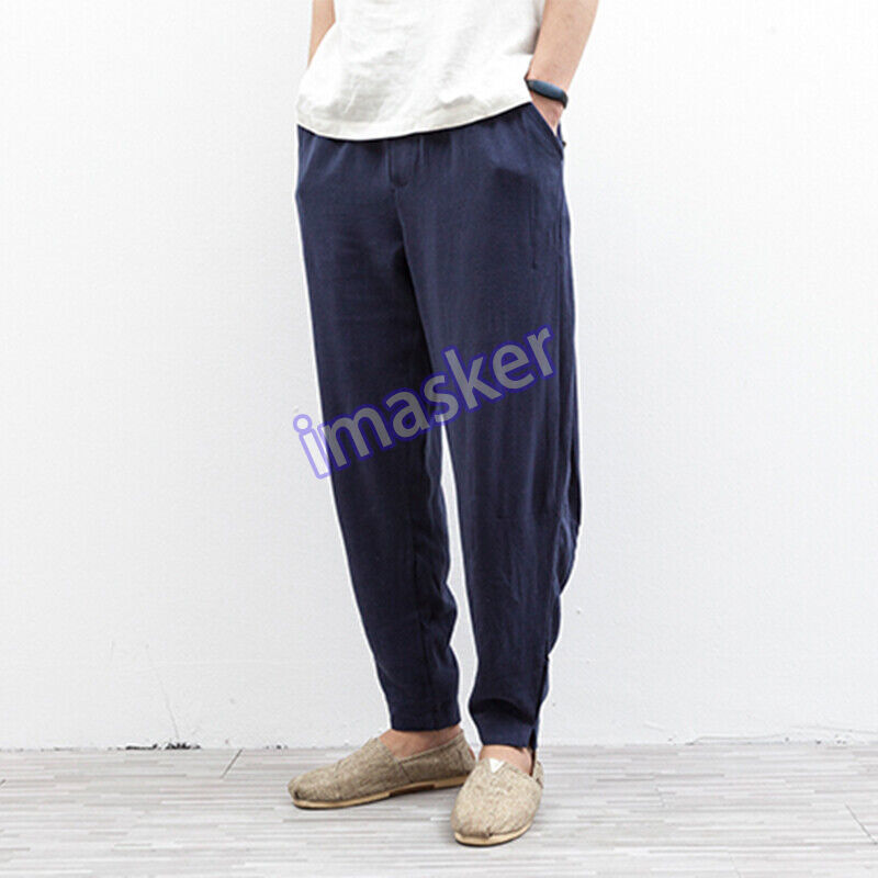 Mens Linen Cotton Tapered Pants Pockets Trousers Summer Baggy Bottoms Retro Soft