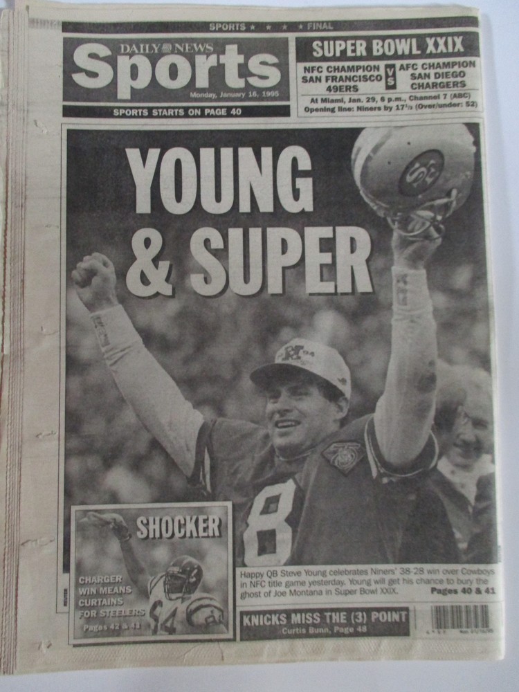 YOUNG & SUPER STEVE YOUNG LEADS 49ers SUPER BOWL NEW YORK DAILY NEWS 1/16 1995