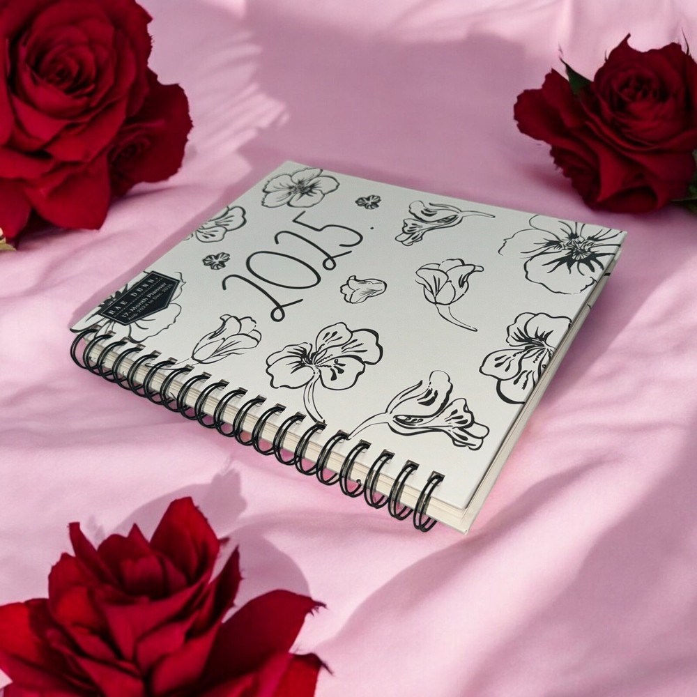 Rae Dunn 2025 Large Size Hard Cover Spiral 17-month Planner Flowers Black White