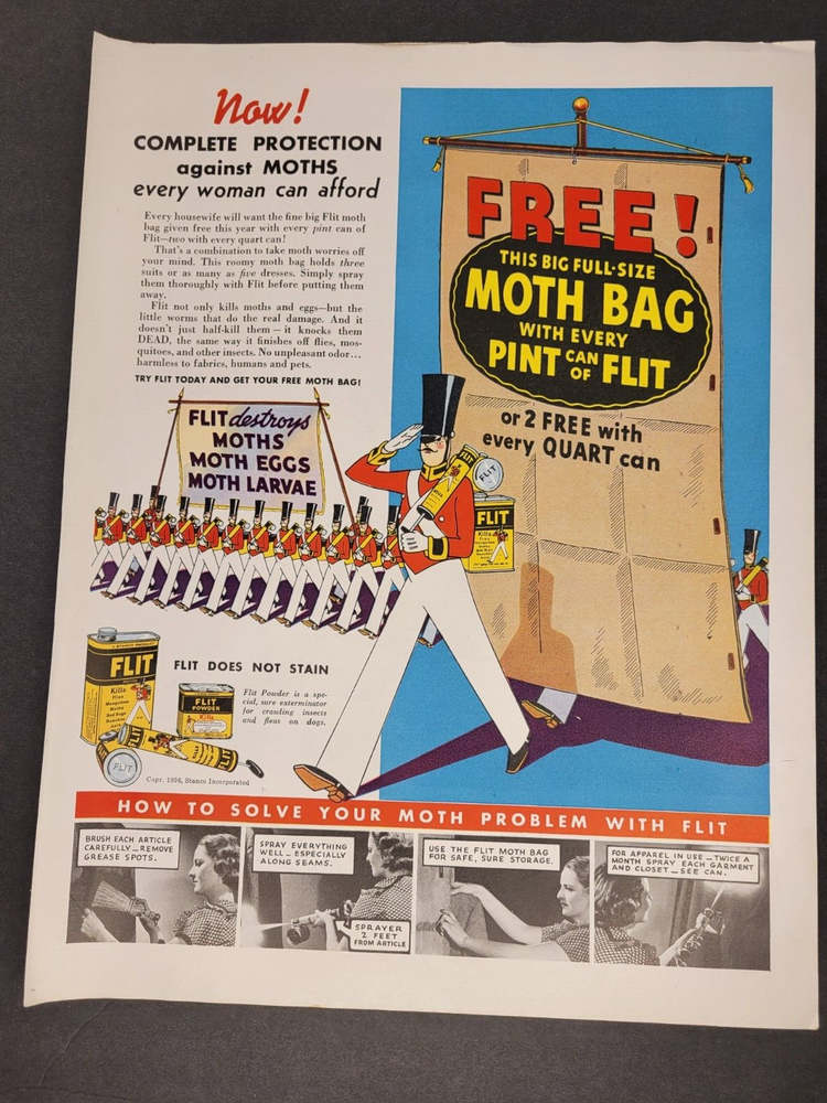 Flit Insecticide-Destroys Moths, Moth Eggs-Free Moth Bag-Vintage Print Ad 1936