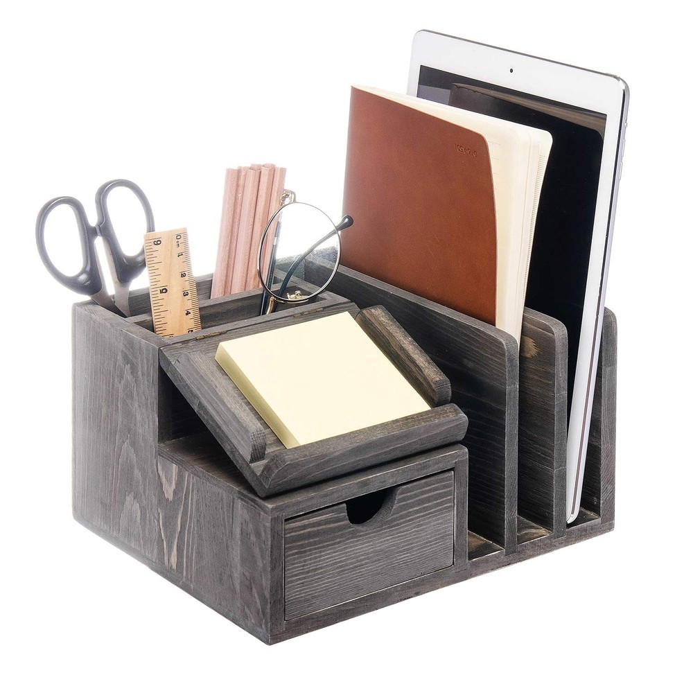 Gray Rustic Wood Desk Organizer with Storage Cabinet for Files and Paper