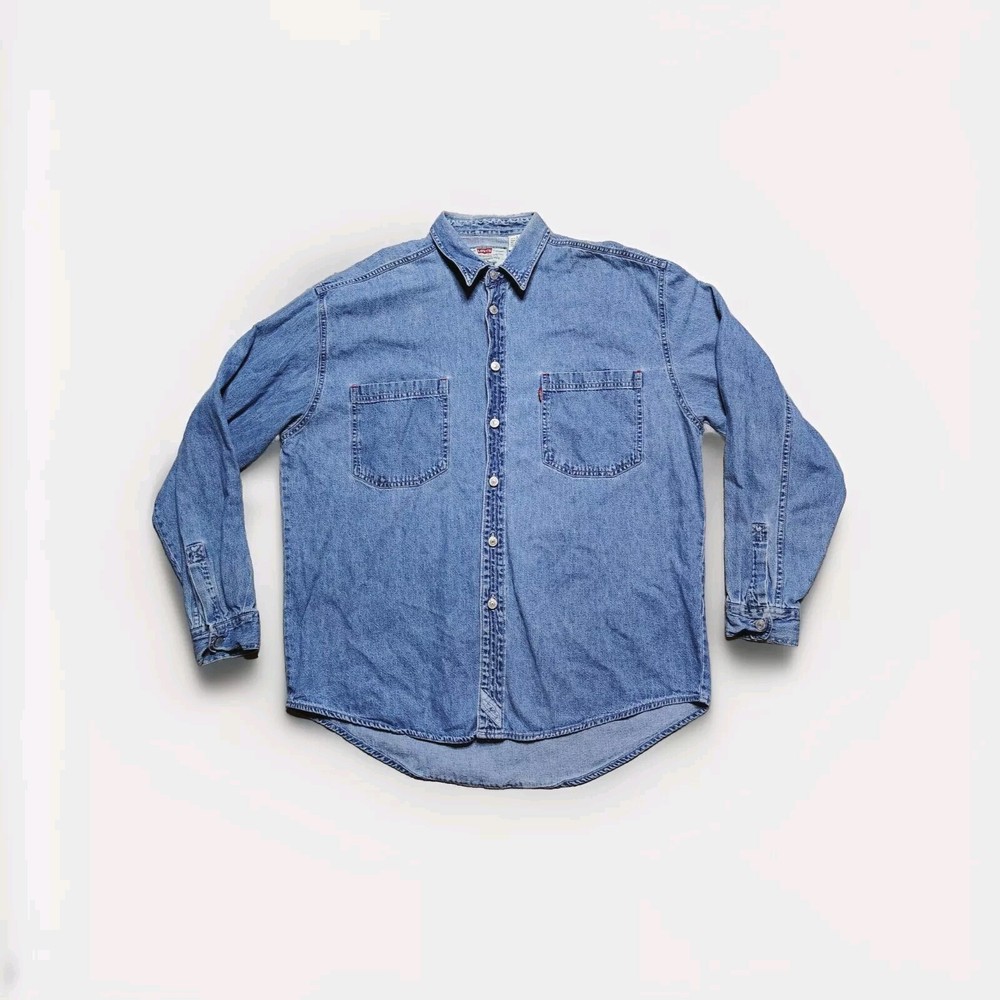 Vintage Levi's Denim Jean Shirt Mens L Blue Metal Buttons Shacket Rodeo Logo