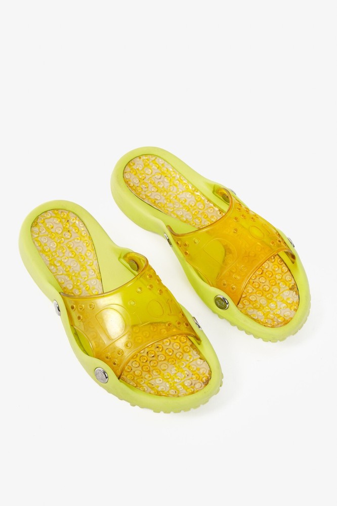 Dior Y2K Yellow Perforated Logo Rubber Slide Sandals Size 7.5
