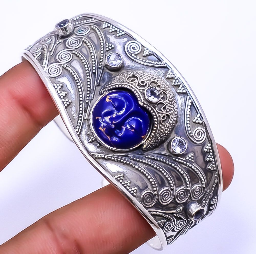 Copper Lapis Lazuli & White Topaz 925 Sterling Silver Bali Cuff 6.99