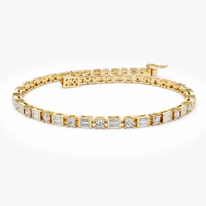 15ct Baguette Cut Simulated White Diamond Tennis Bracelet 14k Yellow Gold Plated