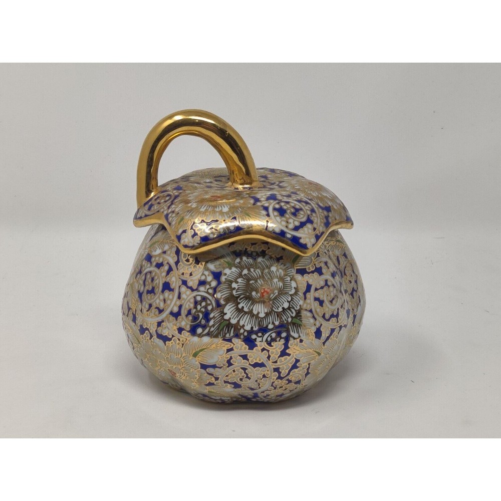 Ornate Hand Painted Pumpkin Shaped Trinket Box Blue/Gold/Red