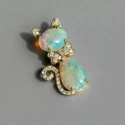 Adorable Cat Fire Opal Diamond Pendant 14K Yellow Gold Finish 3 Ct Free Chain