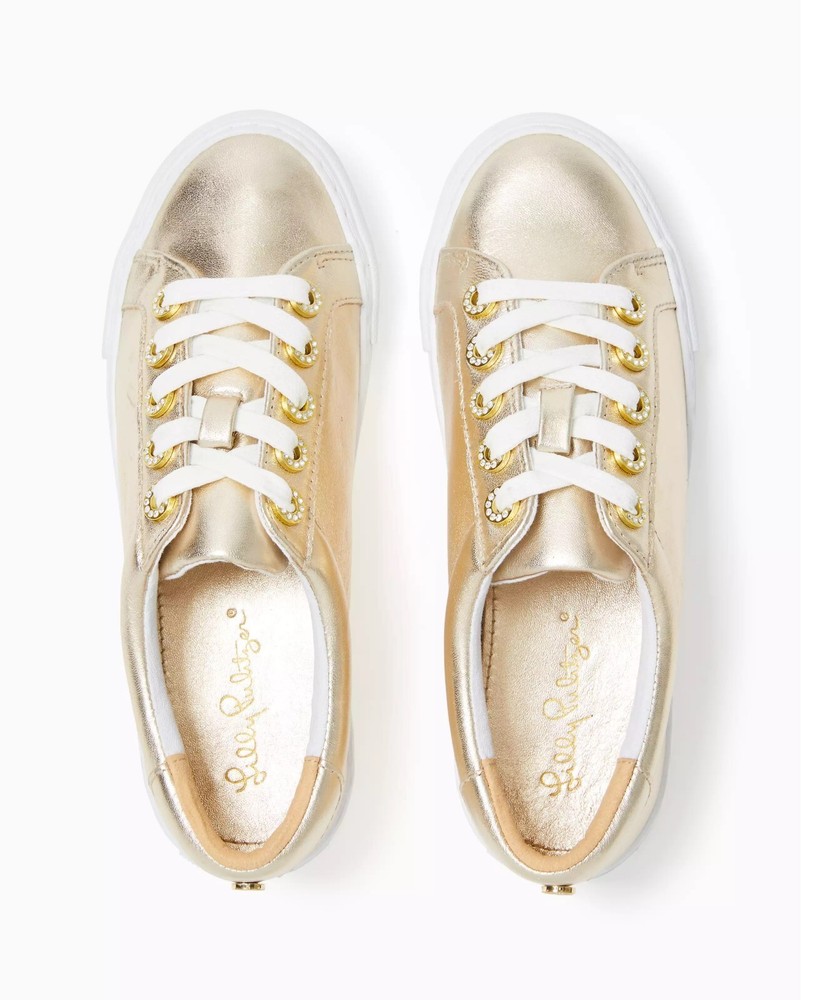New Hot Lillypulitzer Lux Hallie Sneaker Color: Gold Metallic or Resort White