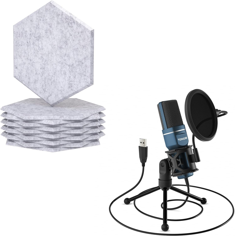 USB Microphone TC-777, Bundle with 12 Pack Hexagon Acoustic Panels Grey