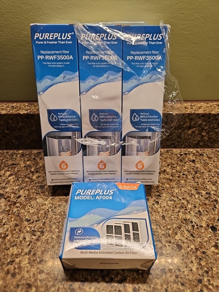 3 PurePlus PP-RWF3500A Refrigerator Water Filters with 3 Carbon AF004 Air Filters