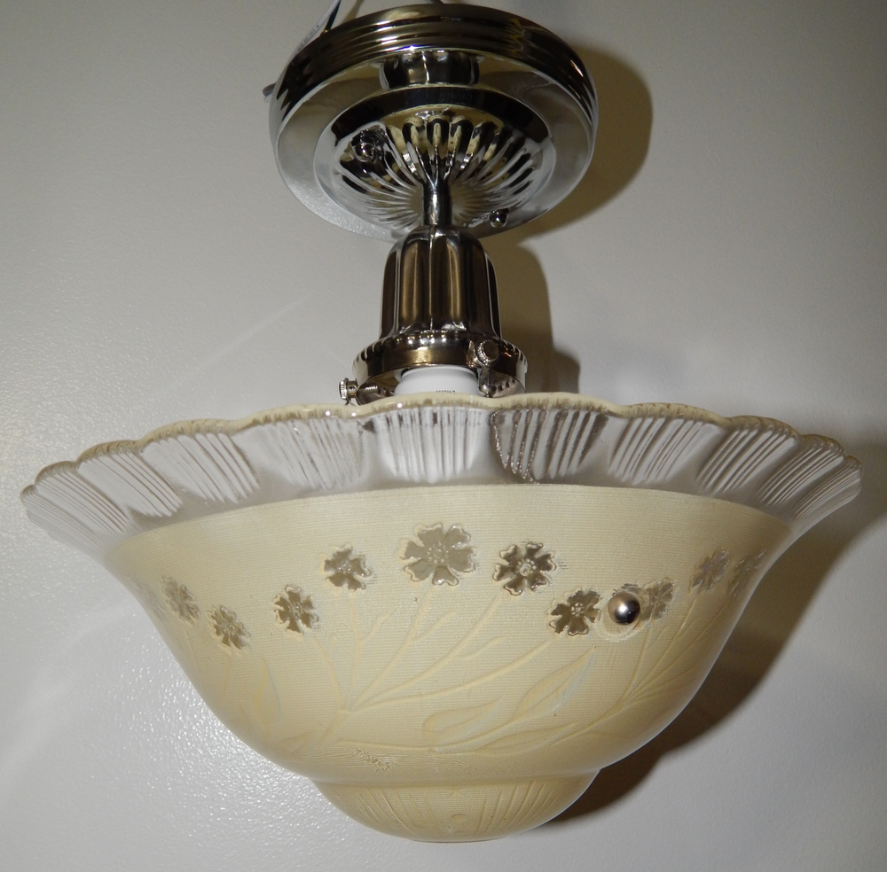 Antique Vintage Cream Glass Art Deco Nickel Flush Mount Ceiling Light Fixture