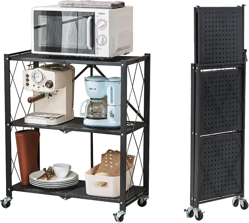 3-Shelf Foldable Metal Storage Rack with Wheels, No Assembly Required