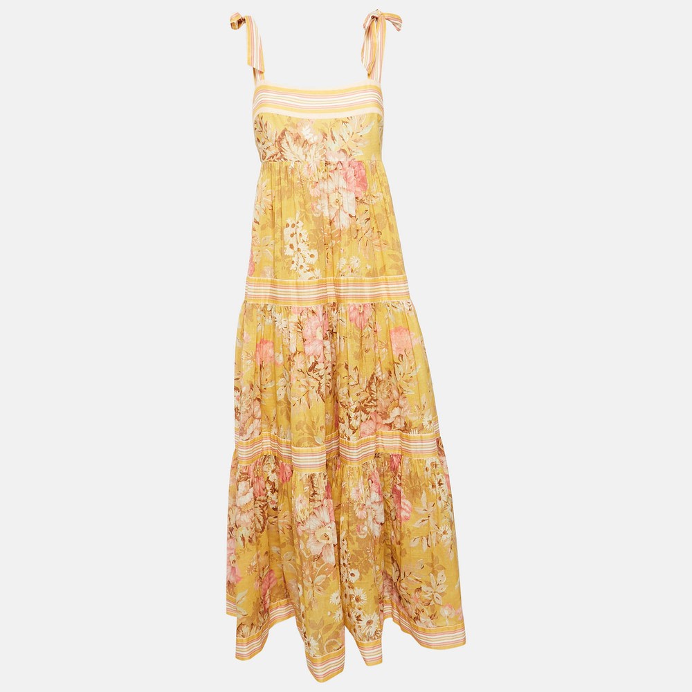 Zimmermann Yellow Floral Print Cotton Shoulder Tie-Up Midi Dress L
