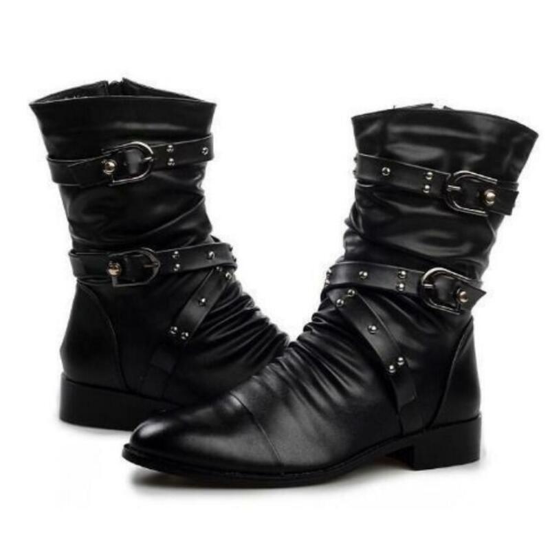 Men's Mid Calf Motorcycle Boots Faux Leather Buckle Detail High Top