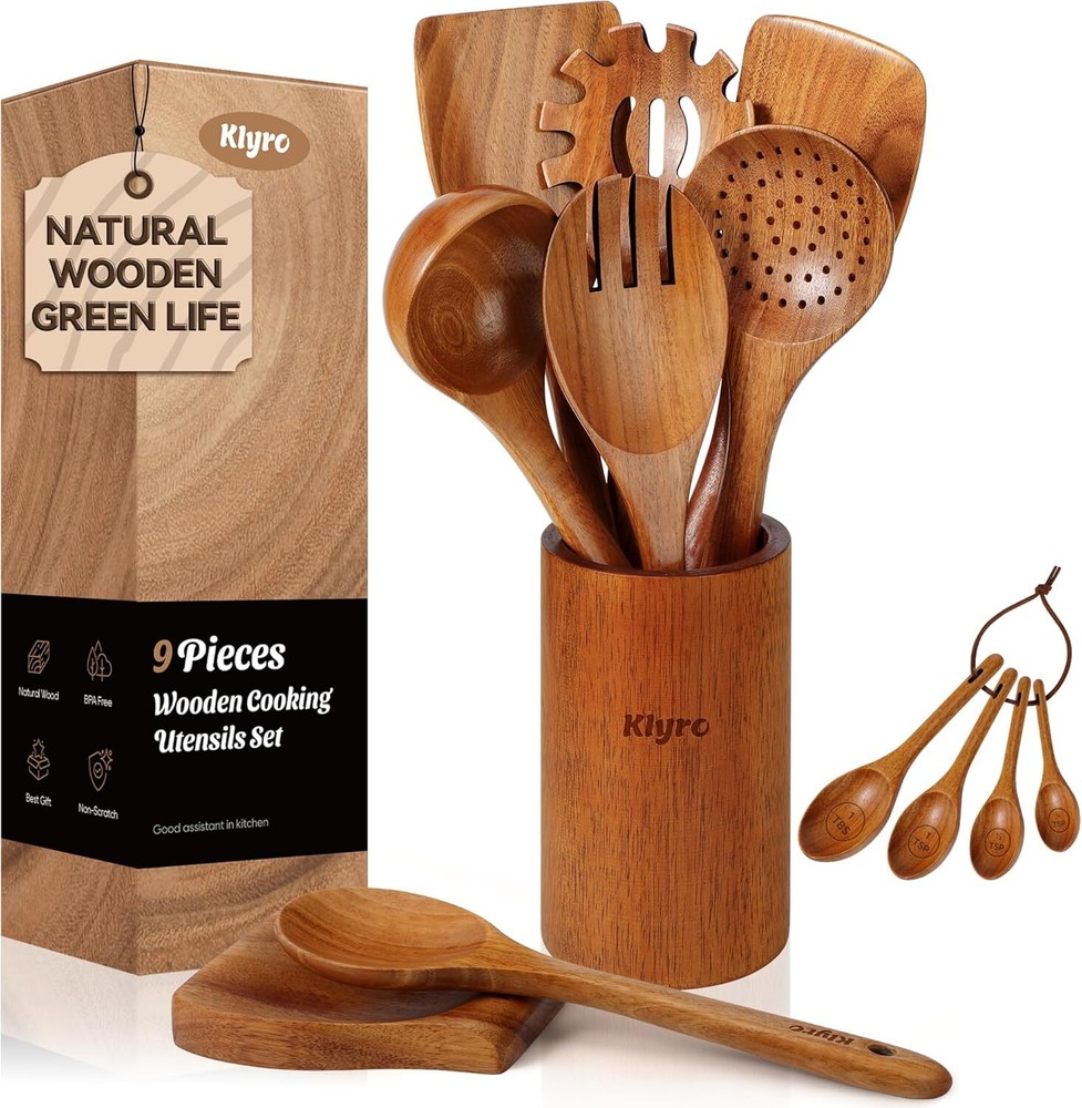 4-Piece Wooden Spoon Set for Nonstick Cookware & Measuring
