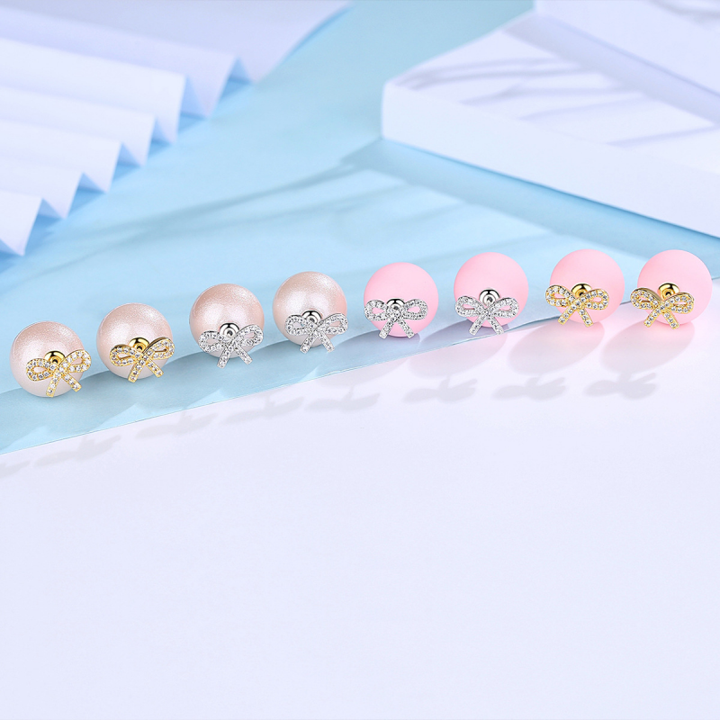 Bow Earrings Copper Inlaid Zircon Pearl Earbud Silver Needle Gold Plated Jewelry