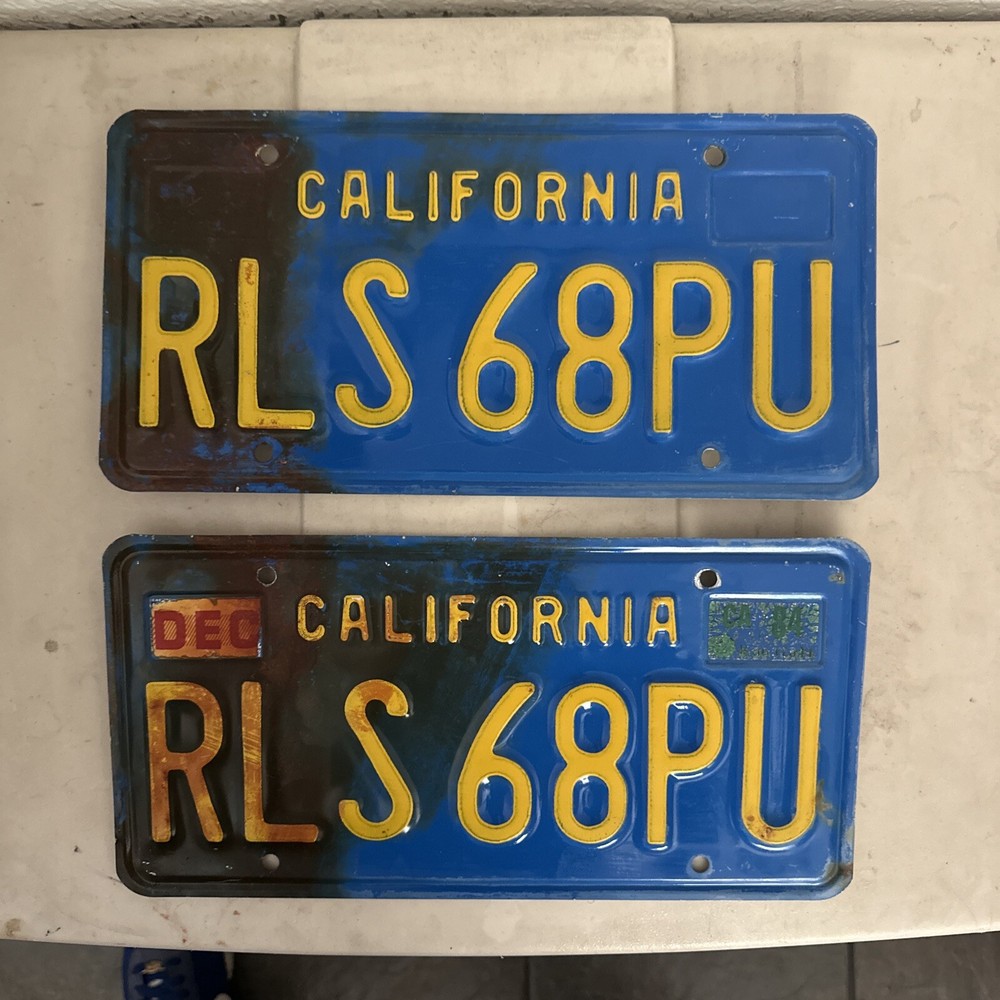 VTG 1970's California License Plates Matching Set Pair Tags Blue  Yellow
