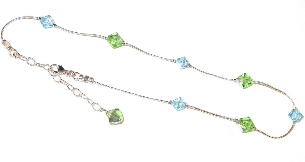 SWAROVSKI Elements CRYSTAL ANKLET Sterling Silver AQUAMARINE Blue PERIDOT Green