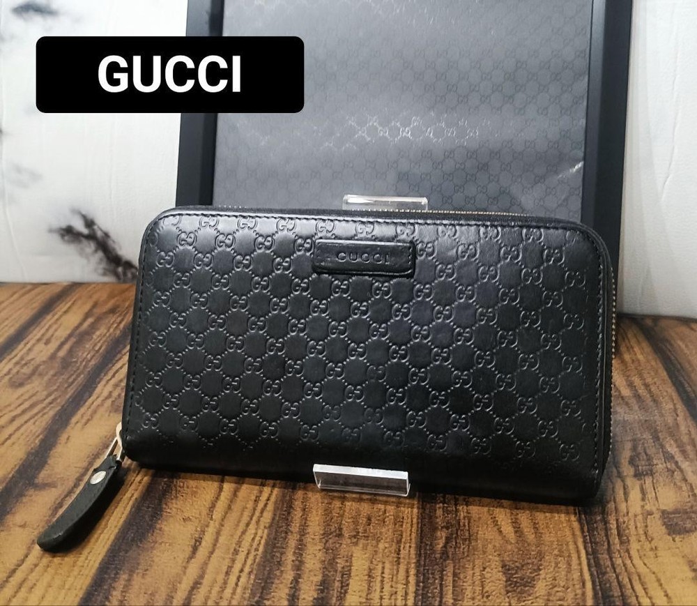 GUCCI wallet Purse Microguccissima round zipper Authentic Black Used Leather