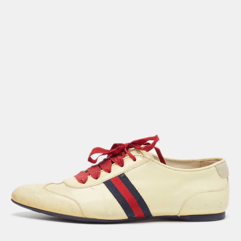 Gucci Cream Patent Leather Lace-Up Sneakers in Size 36