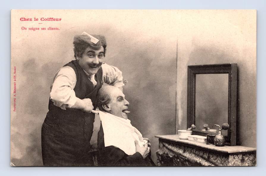 Vintage 1900s French Barber Choking Client Antique Occupation Humor We Heal Customers-image