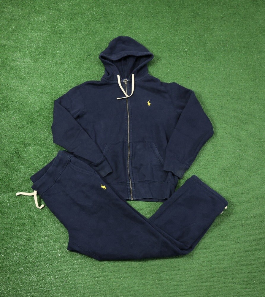 Ralph Lauren Polo Full-Zip Fleece Cotton Hoodie Sweatsuit Navy Set Medium FF12