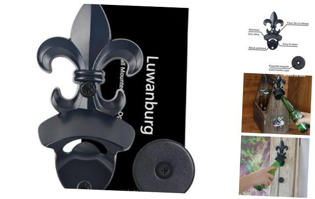 Black Mounted Fleur De Lis Bottle Opener with Magnetic Cap Catcher