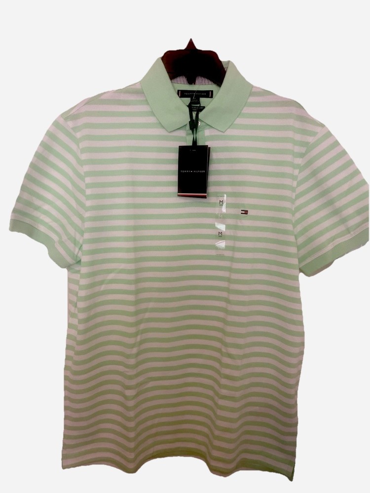Tommy Hilfiger Mens Medium Green White Polo Cotton Spandex Country Club Shirt