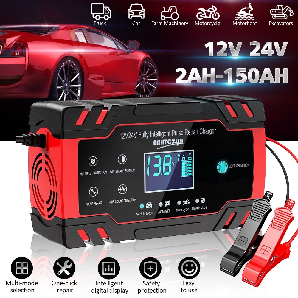 12V/24V Car Battery Charger, Automatic Smart Touch Battery Charger With LCD Disp
