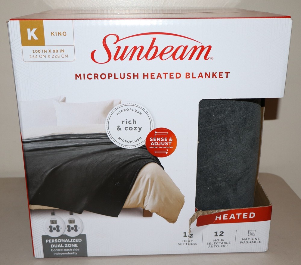 Sunbeam King Size Electric Microplush Heated Blanket Dual Digital Control Grey