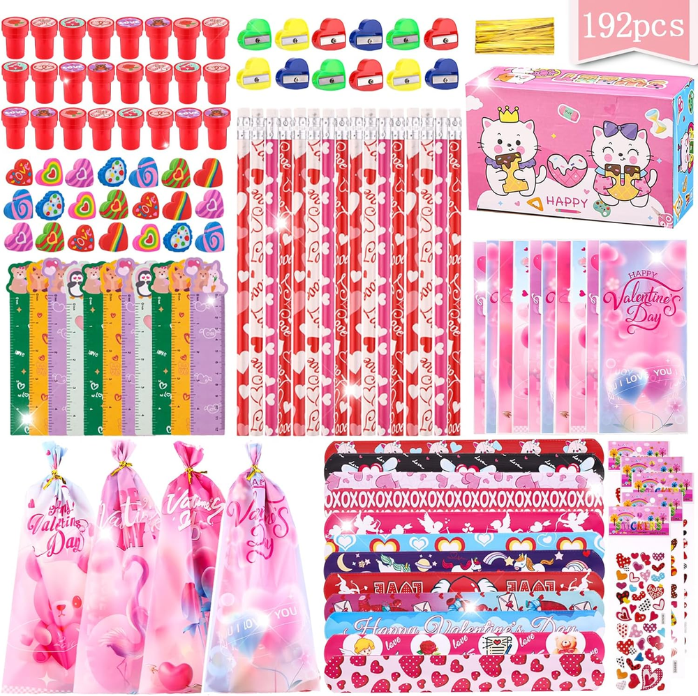 Valentines Day classroom stationery gift set for kids - 24 pack school exchange cards with erasers