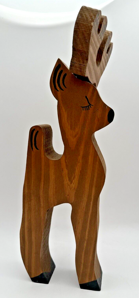 Vintage Small Brown Wooden Reindeer, 13” Holiday Christmas