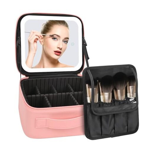 LED Travel Makeup Bag with Lighted Mirror in Pink