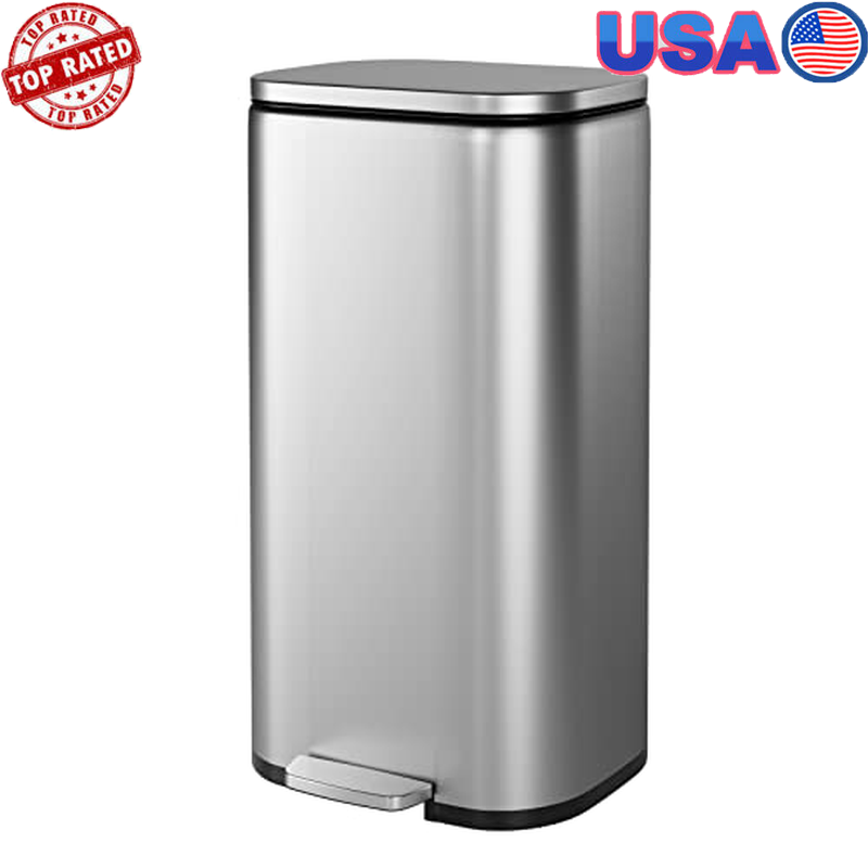 8 Gallon Stainless Steel Trash Can with Silent Lid Pedal Garbage Bin Kitchen New