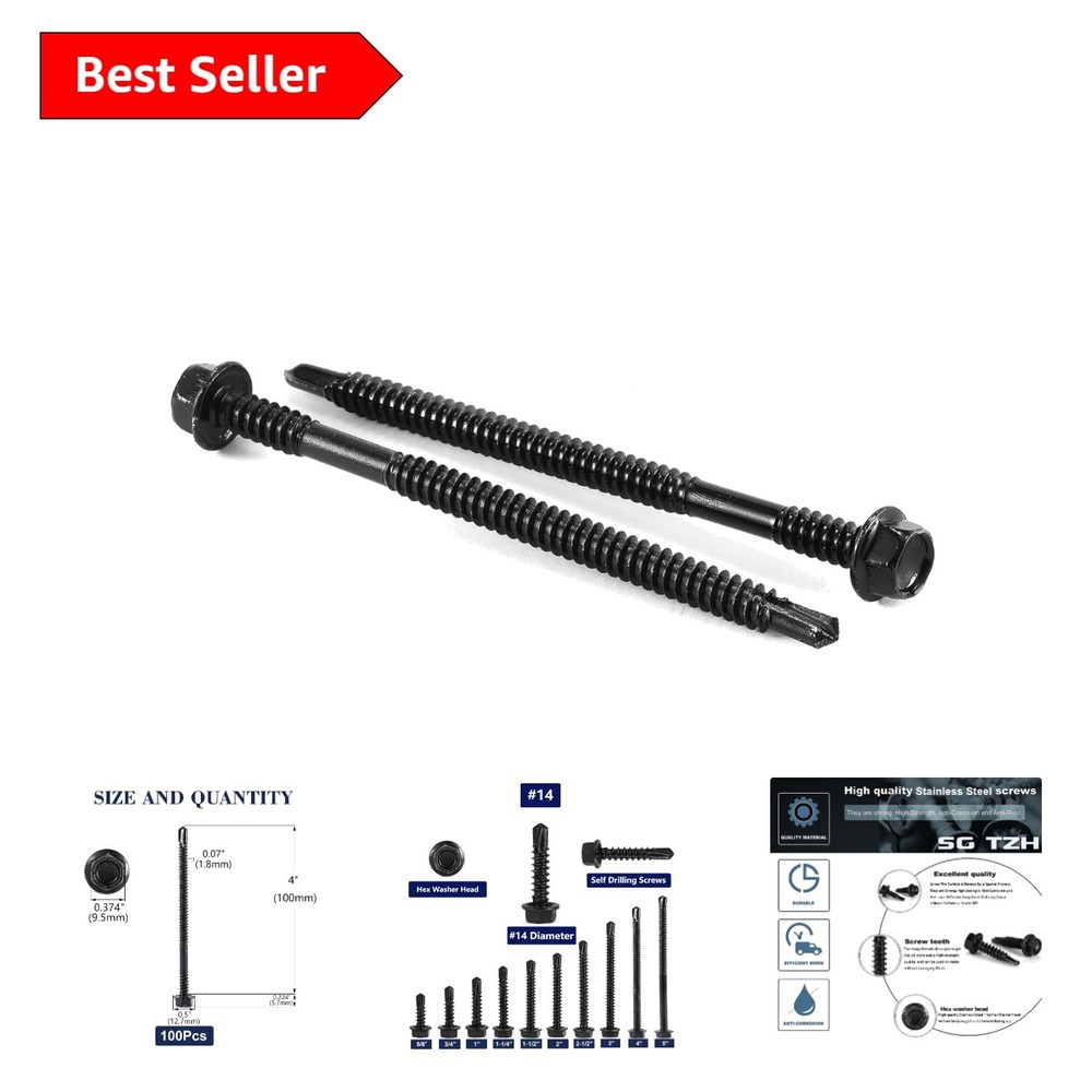 410 Stainless Steel Hex Washer Head Screws - 100PCS, Rust-Resistant & Strong