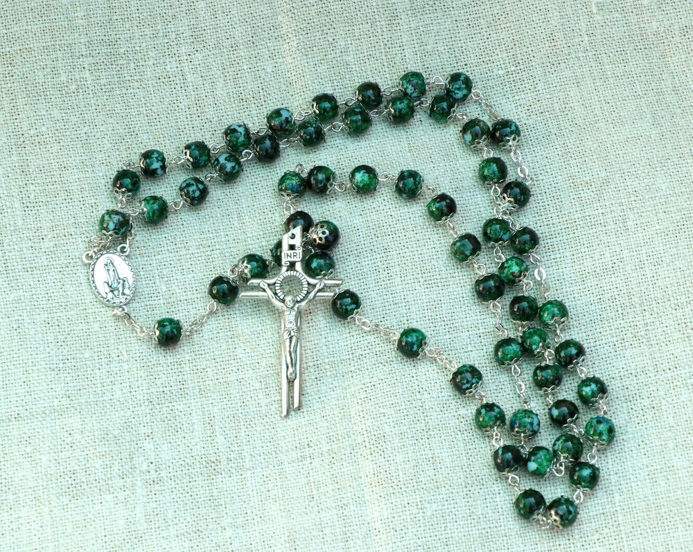 Catholic Dark Green stained Glass Beads Rosary 8mm  Medal  Cross