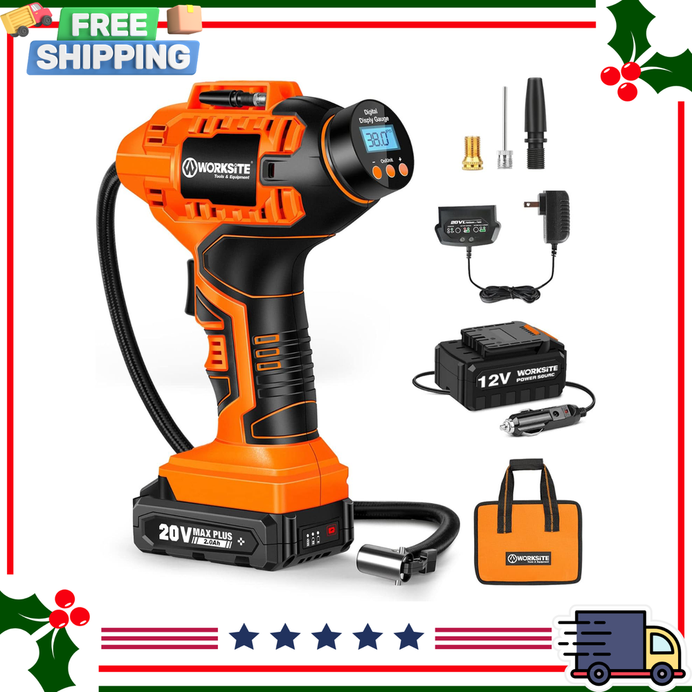 Powerful WORKSITE Cordless Tire Inflator with Rechargeable Battery – Orange